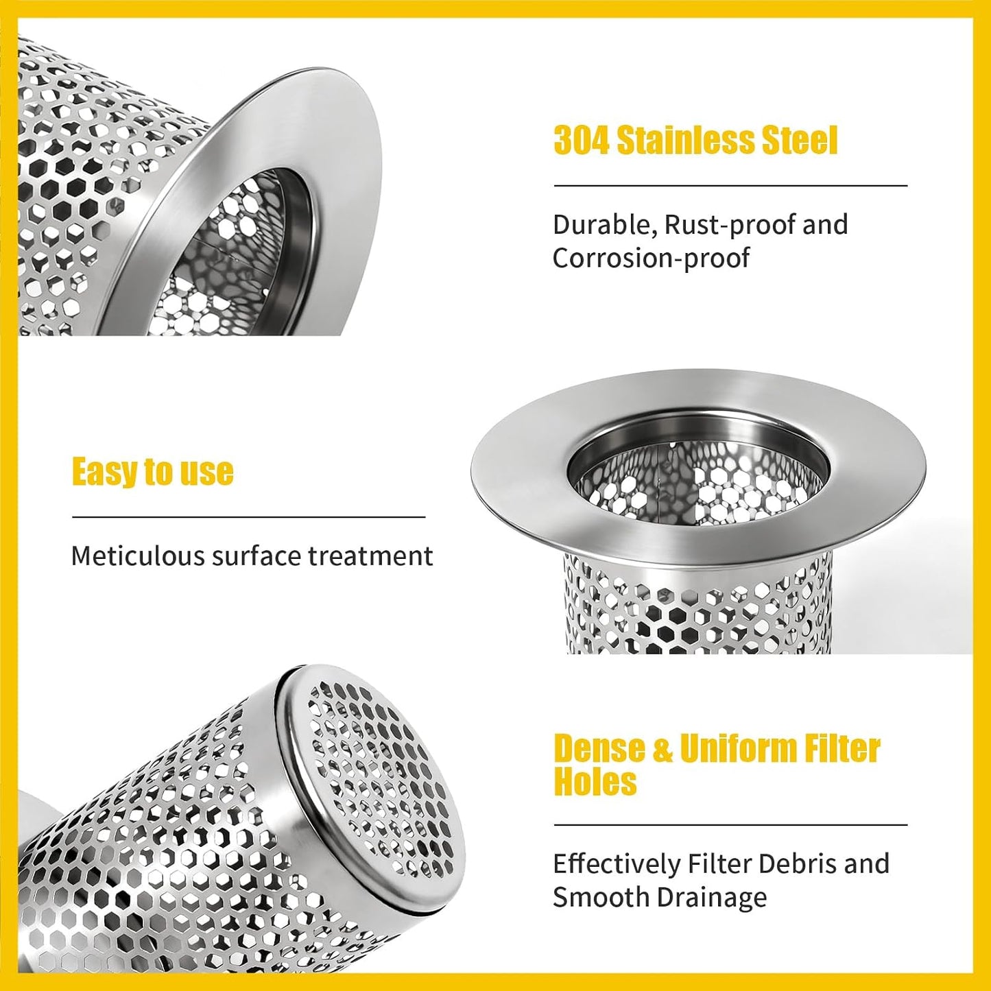 Bathroom Sink Drain Strainer, 304 Stainless Steel Hair Catcher for Bathtub Shower Floor Drain, Bathtub Drain Cover Strainer Basket Fit 1.1" to 1.97" Drain Hole (2PCS)