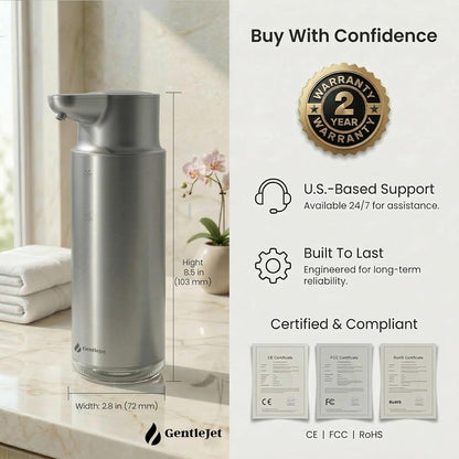 GentleJet CrystalJet Automatic Foam Soap Dispenser – Stainless Steel, Touchless Sensor, USB-C Rechargeable, Waterproof, Modern Bathroom & Kitchen Sink, 300 ml
