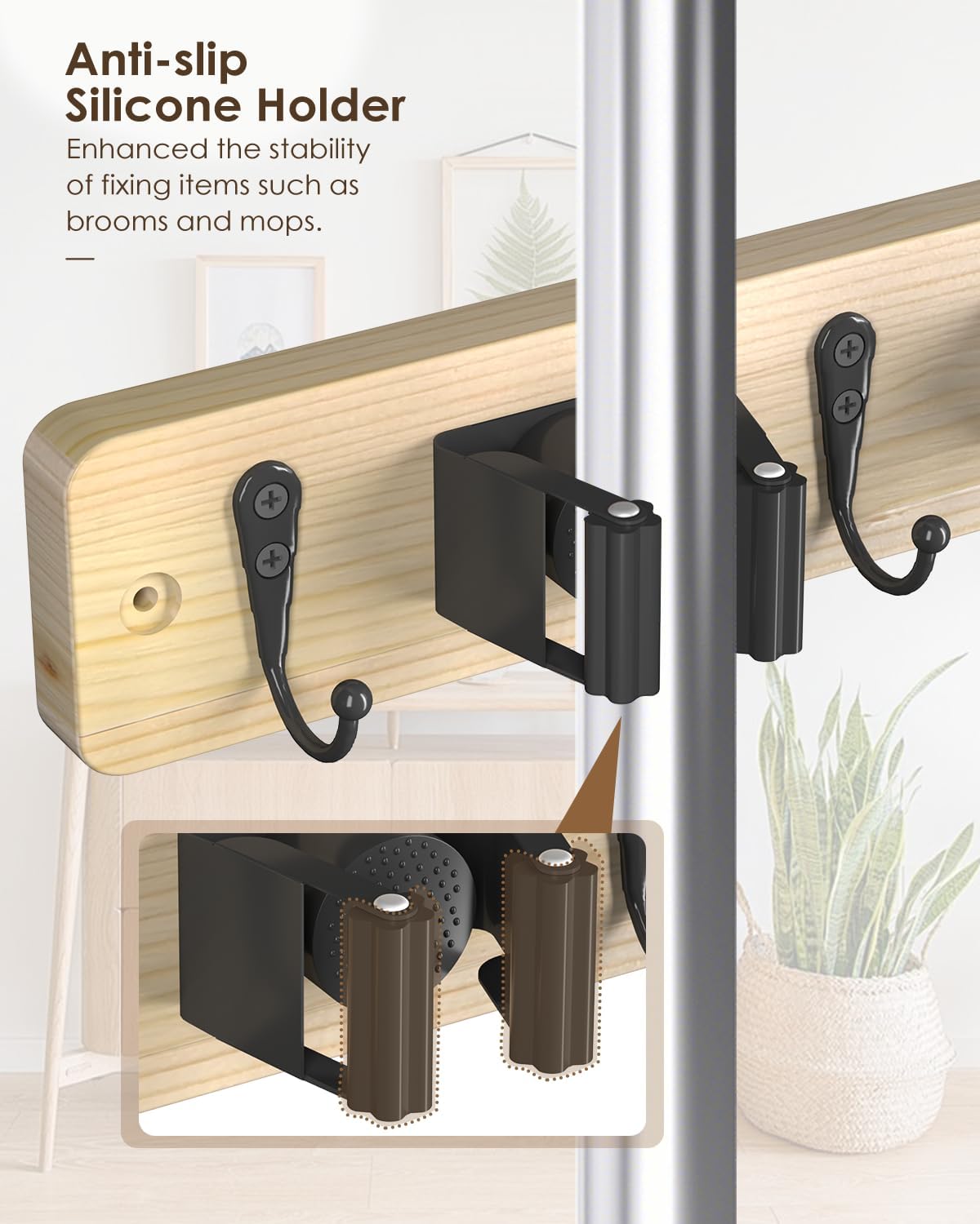 AceMining Broom Holder Wall Mounted, White 4 Holders and 4 Hooks Mop Holder, Wooden Mop and Broom Holder with Anti slip rubber, Natural pine wood Brush Holder, Mop Wall Holde with Nail installation