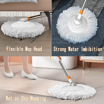 Spin Mop Bucket with Wringer System Extended Mop Handle 61＂Mop and Bucket for Floors Cleaning with 5 Replacement Head Refill 1 Cleaning Brush Head