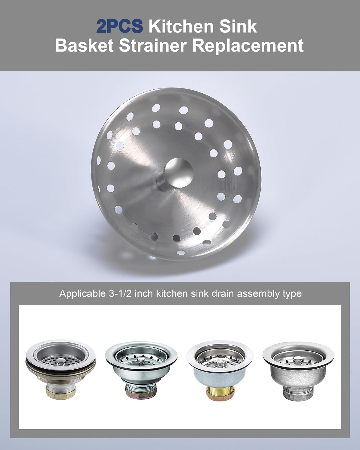 KONE 2PCS Kitchen Sink Basket Strainer Replacement for 3-1/2 Inch Standard Drains Brushed Stainless Steel Body Metal Center Knob with Rubber Stopper