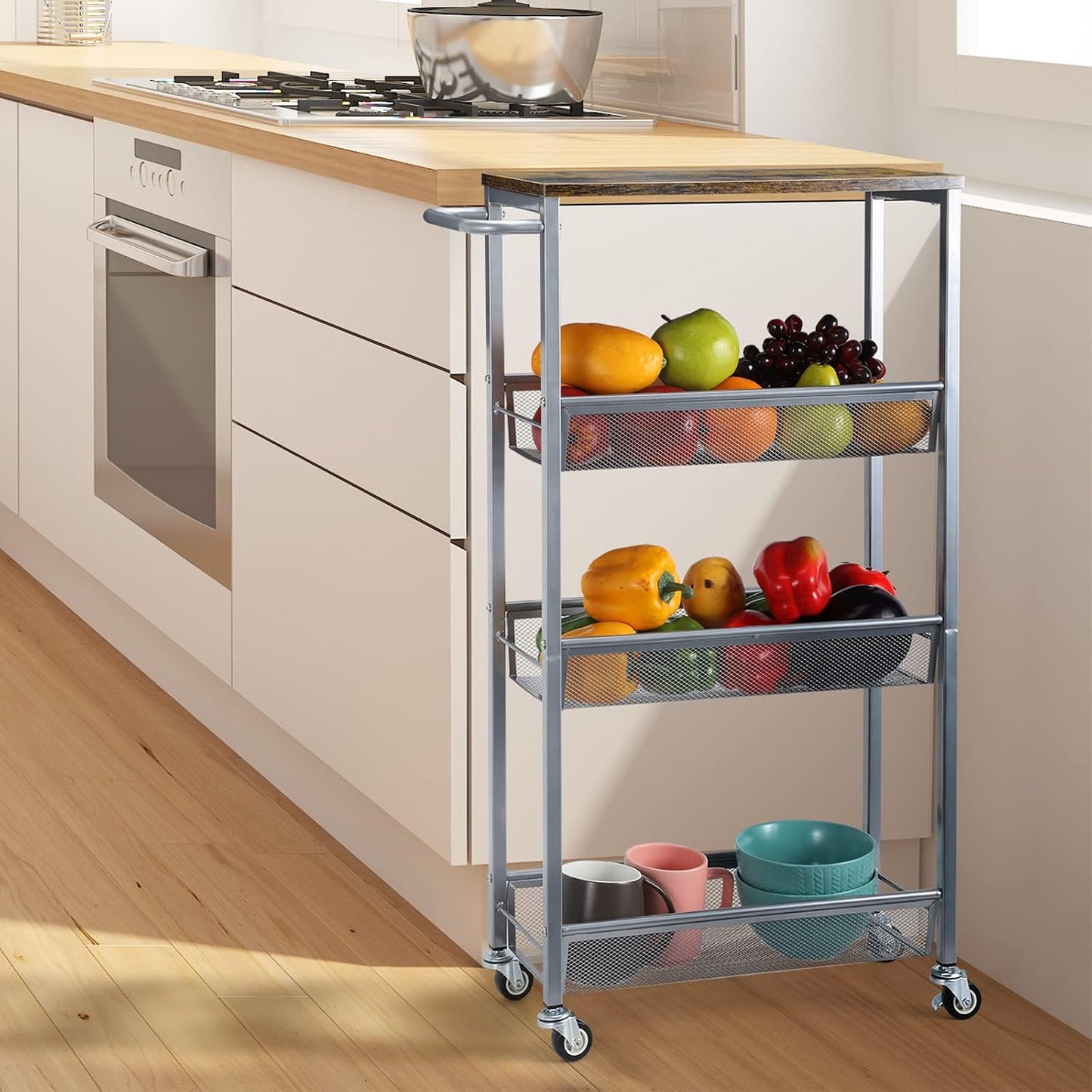 NANANARDOSO 4 Tier Slim Storage Cart, Shelving Unit for Small Space, Rolling Storage Cart with Wooden Top and Metal Handle for Narrow Space on Kitchen, Bathroom, Laundry Room, Black.