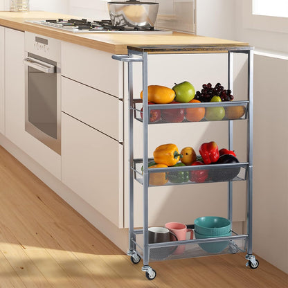 NANANARDOSO 4 Tier Slim Storage Cart, Shelving Unit for Small Space, Rolling Storage Cart with Wooden Top and Metal Handle for Narrow Space on Kitchen, Bathroom, Laundry Room, Black.