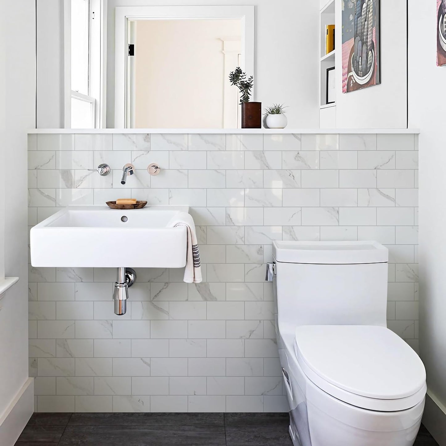 Vamos Tile 100-Piece Glossy Dolomite White Peel and Stick Backsplash Tile,3''x6'' PVC Subway Tile with White Grout, Stick on Backsplash for Kitchen/Bathroom/Fireplace