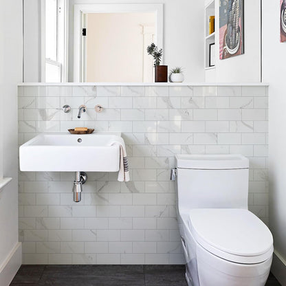 Vamos Tile 100-Piece Glossy Dolomite White Peel and Stick Backsplash Tile,3''x6'' PVC Subway Tile with White Grout, Stick on Backsplash for Kitchen/Bathroom/Fireplace