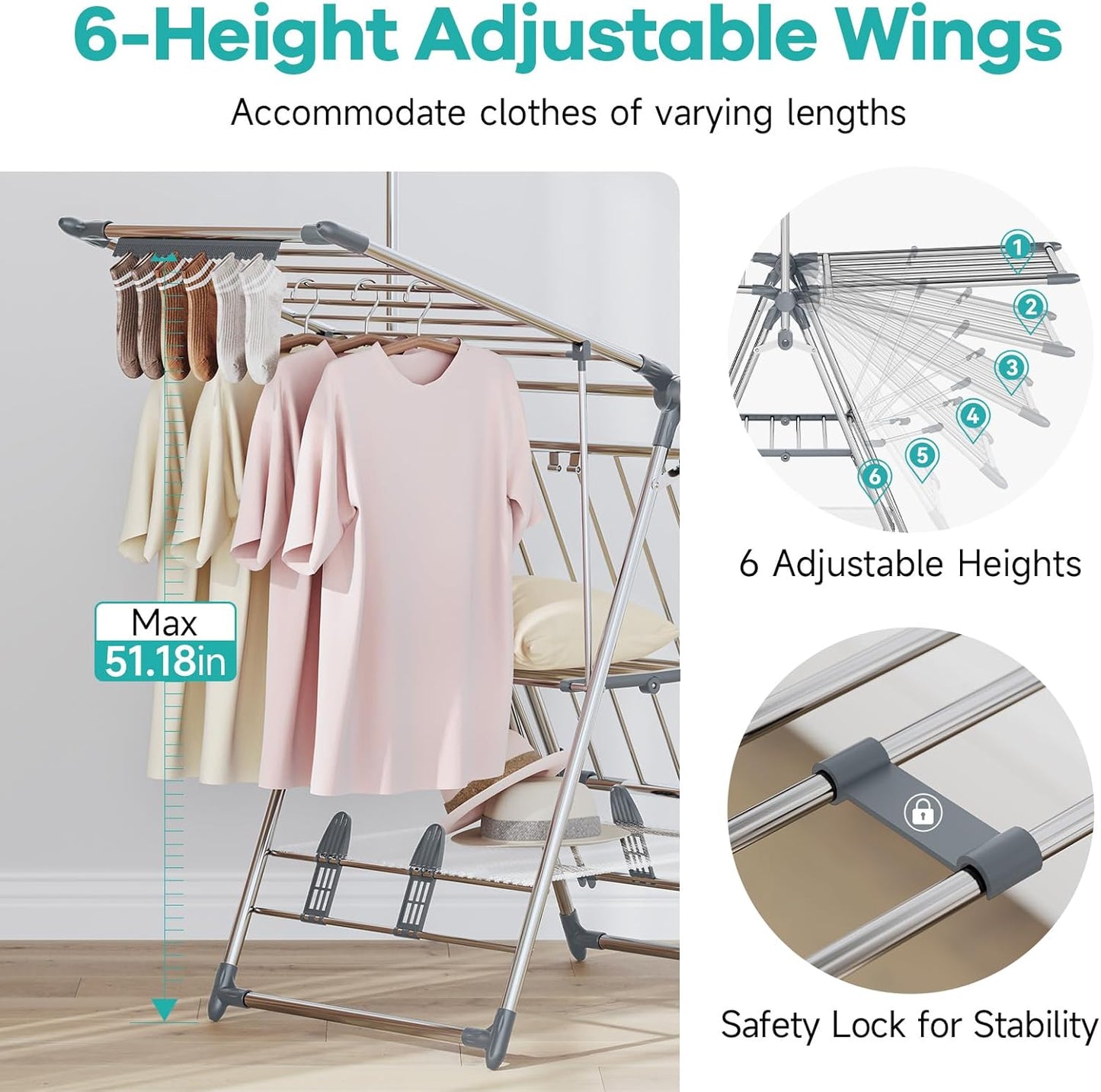 APEXCHASER Clothes Drying Rack with High Hanger, Foldable 3-Level Drying Racks with Shoe Rack, Crossbar and Vertical Rod Laundry Stand with Adjustable Wings Silver