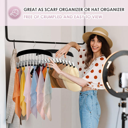 MEILIDY Wooden Leggings Hangers, Scarf Hangers for Closet, Black, 2 Pcs | 24 Clips, 360° Swivel Hook, Hanging Storage Organizer for Scarves, Pants, Hats, Skirts, Bras, Camisoles, Tank tops, Gloves
