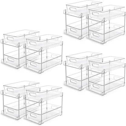 Vtopmart 2 Tier Bathroom Storage Organizer, 2 Pack Clear Under Sink Organizers Vanity Counter Container, Cabinet Drawers Bins, Pull-Out Organization with Track for Pantry, Kitchen