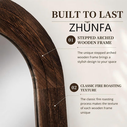 ZHUNFA Arched Full Length Mirror with Solid Wood Frame | 65x22 Farmhouse Wall Mirror Full Length with Stand, Vertical Hanging, Leaning Standing for Bedroom,Living Room, Rustic White