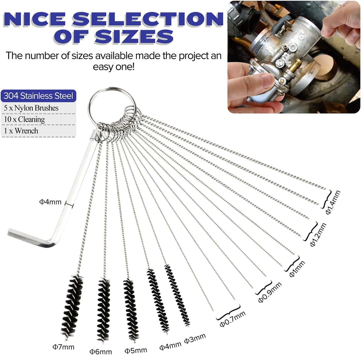 Valchoose Premium Jet Cleaning Brushes, Carb Carburetor Cleaners Made of Heavy Duty Density Nylon and Stainless Steel 13 Cleaning Wires Set + 5 Nylon Brushes + 10 Needles