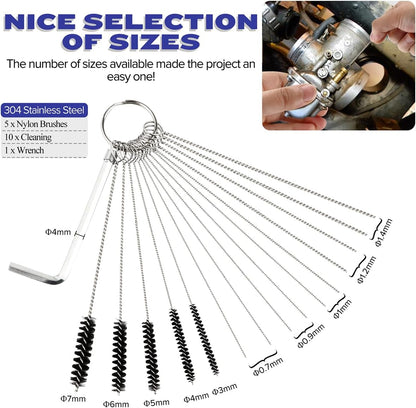 Valchoose Premium Jet Cleaning Brushes, Carb Carburetor Cleaners Made of Heavy Duty Density Nylon and Stainless Steel 13 Cleaning Wires Set + 5 Nylon Brushes + 10 Needles