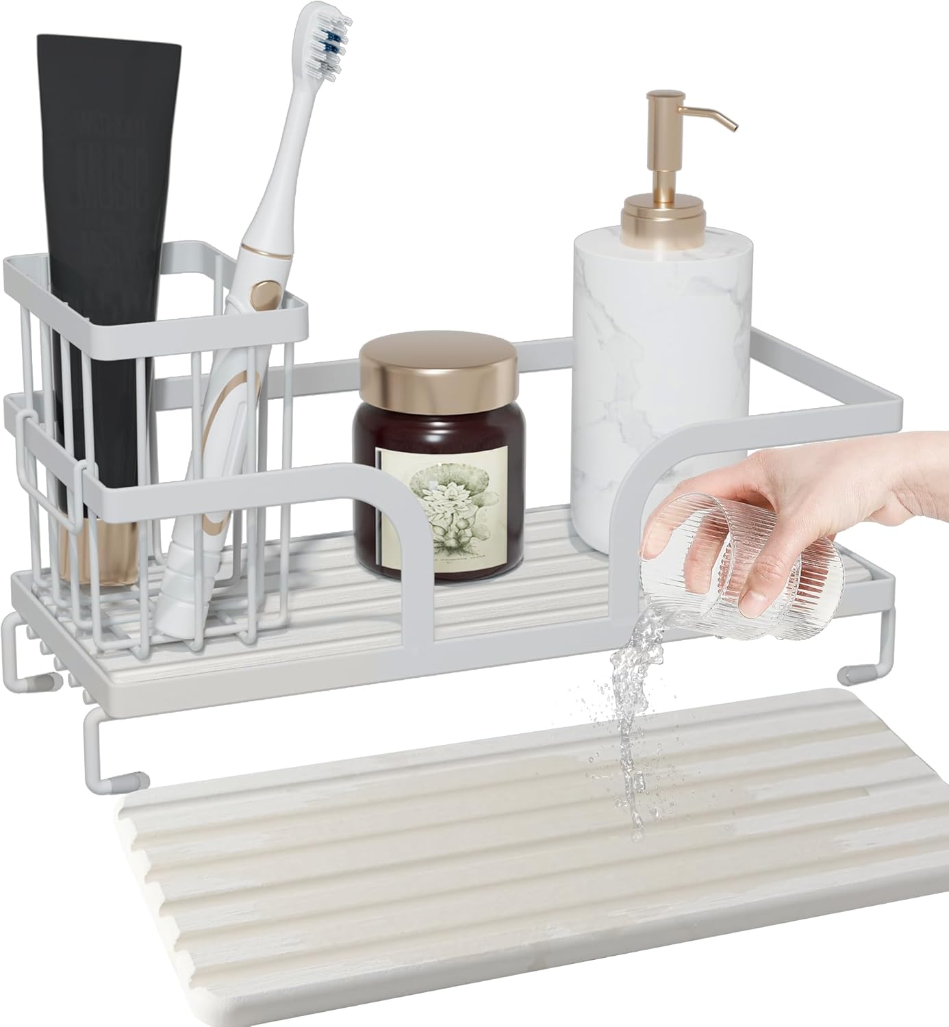 Sponge Holder for Kitchen Sink,Sink Caddy Organizer With Stone Drying Tray, Stainless Steel Kitchen Countertop Organizer for Sponge Soap Dispenser Black