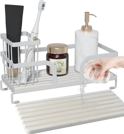 Sponge Holder for Kitchen Sink,Sink Caddy Organizer With Stone Drying Tray, Stainless Steel Kitchen Countertop Organizer for Sponge Soap Dispenser Black