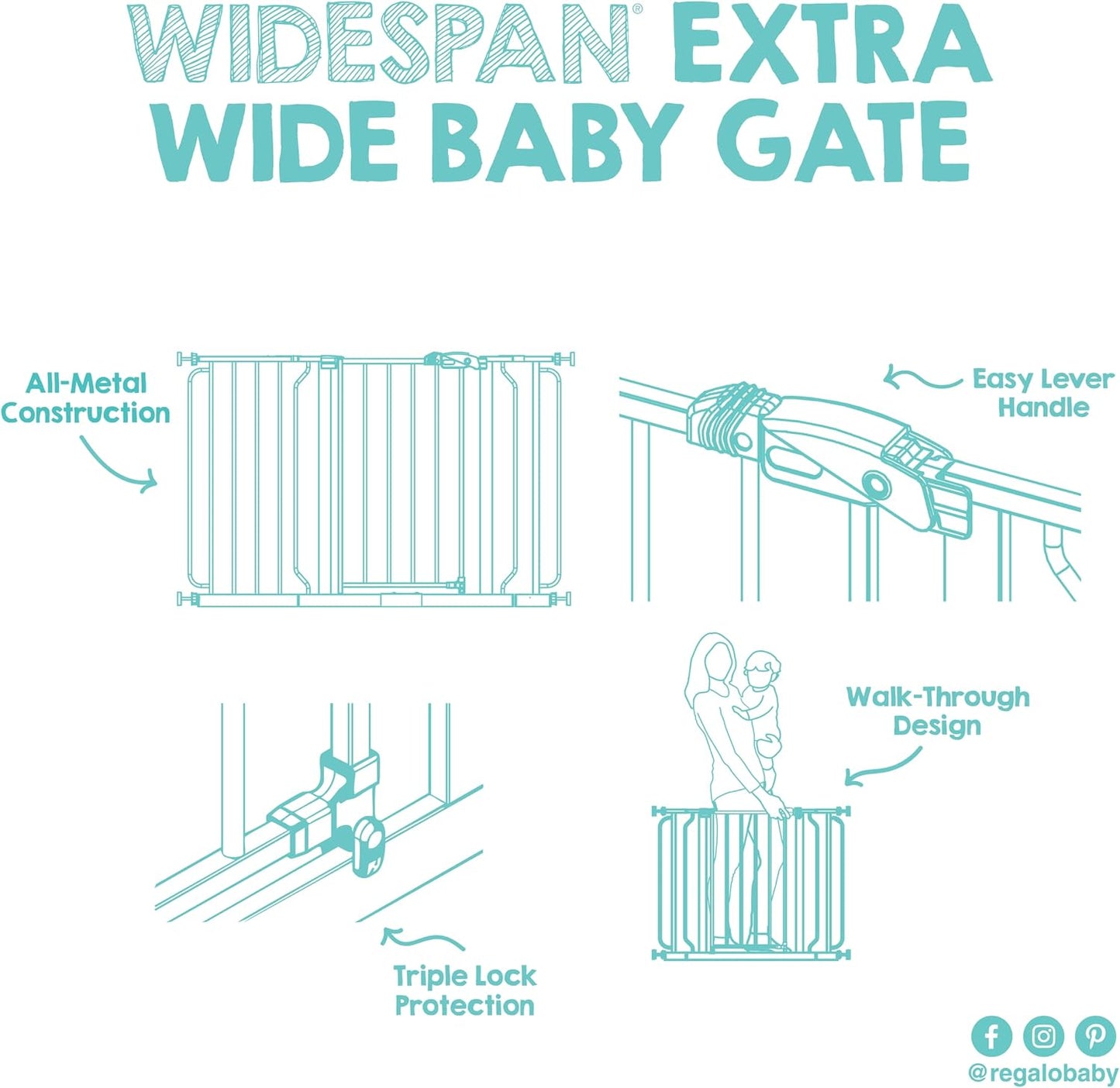 Regalo Safety 29-38.5" Baby Gate for Doorways & Bottom of Stairs, Pressure Mounted Baby Gate with Door for Babies, Toddlers & Pets, Tested & Safe for 30 Years, American Designed, American Owned, White