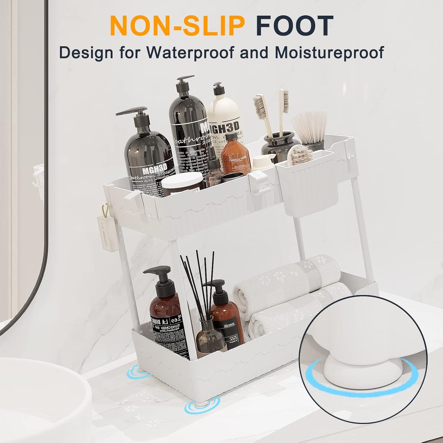 Sevenblue 2 Pack Under Sink Organizer, Under Bathroom Cabinet Organizer with Hooks Hanging Cup, Multi-Purpose Storage Shelf for Kitchen Bathroom, Black