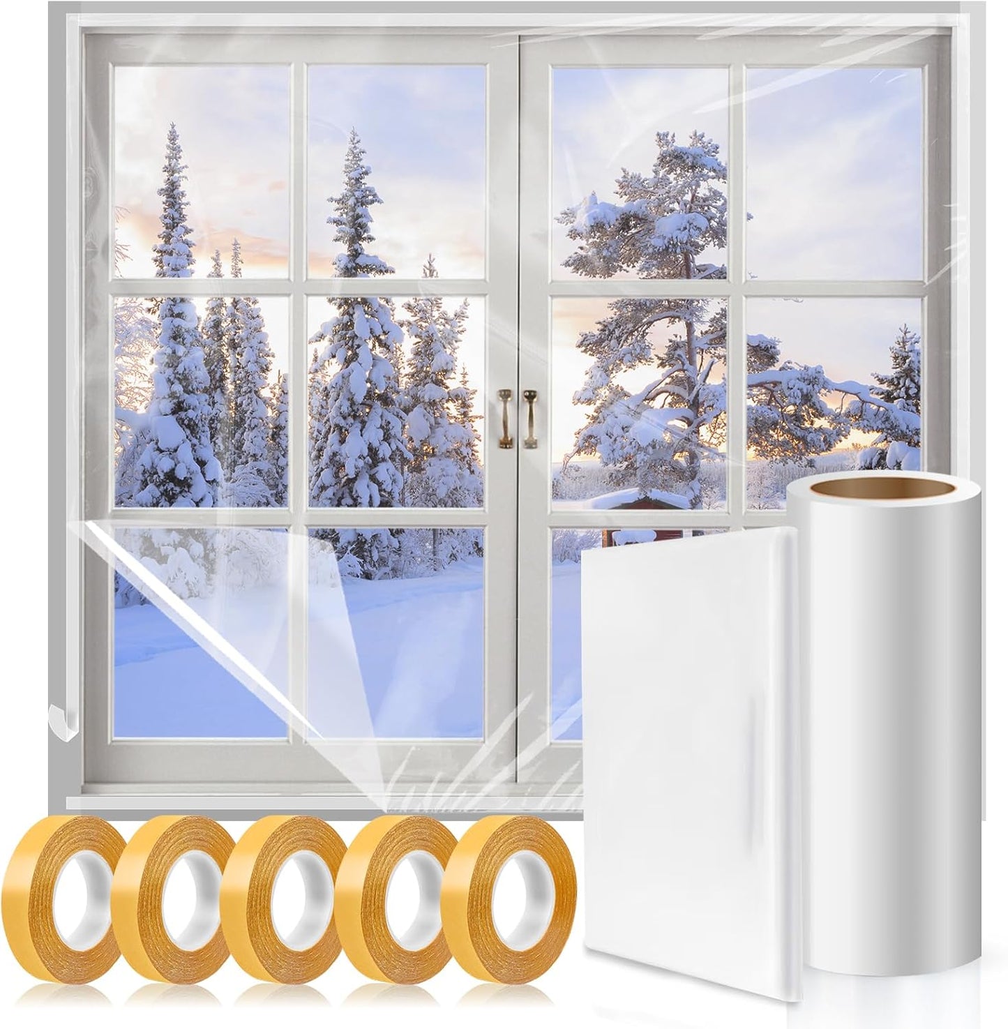 Window Insulation Kit, 63 × 394 Inch Plastic Window Coverings for Winter, Thicken Window Shrink Film Insulator Kit Windows Waterproof Winterizing with 5 Double-Sided Tape for 10 Pcs 3 x 5 Ft Windows