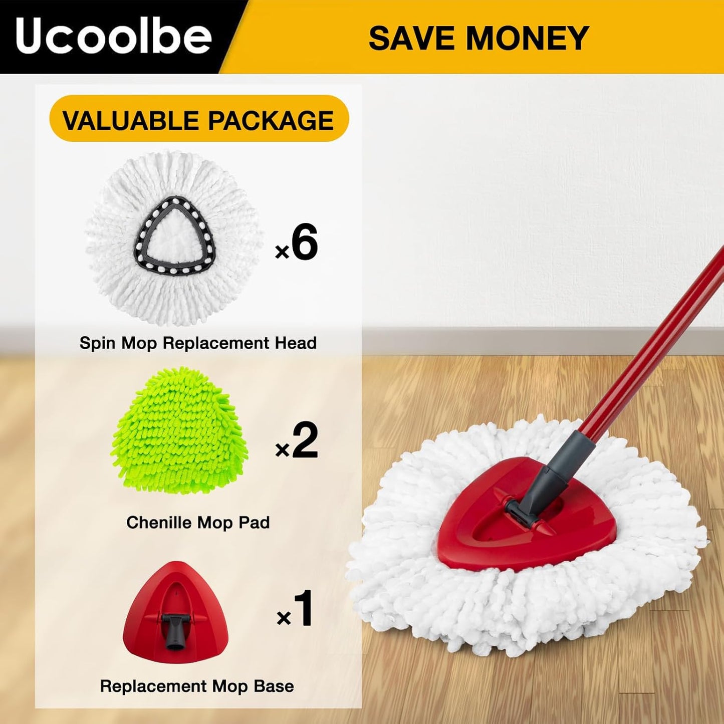 Spin Mop Replacement Head for O Cedar 2 Tank RinseClean, 4 Microfiber mop Refill, 1 Scrub Brush, 1 Mop Stick, 1 Mops Base, Deep Cleaning, 30" to 58" Mop Handle Replacement