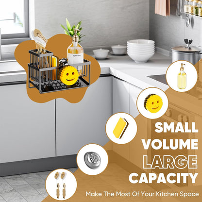 Sponge Holder for Kitchen Sink,Smiley Face Sink Caddy with Removable Brush Holder,Self-Draining Sponge Caddy for Soap,Dish Brush,Scrubber,Kitchen Essentials and Gadgets-Silver