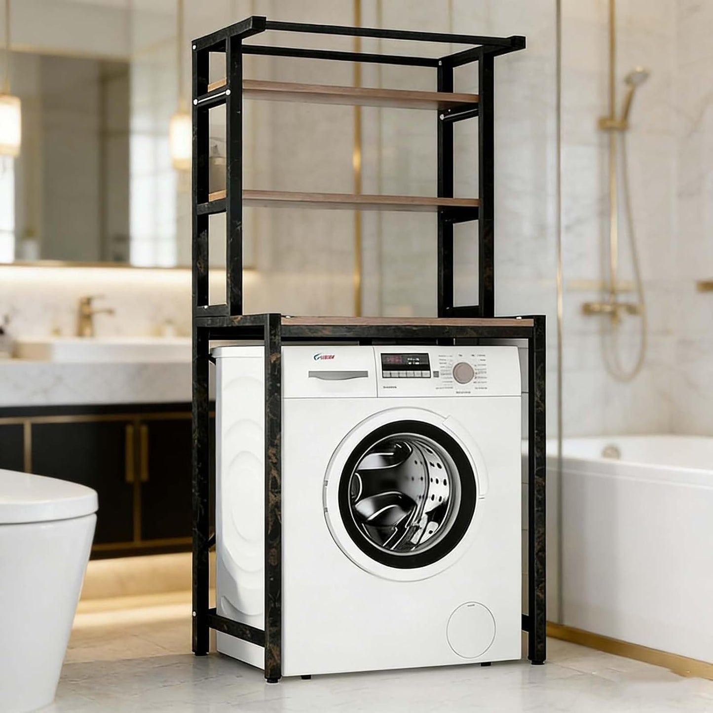 Over The Washer Storage Shelf, Space-Saving Laundry Organizer, Sturdy Metal Frame with Natural Wood Shelves, No Drilling, Ideal for Laundry Room, Balcony, Bathroom(White,Two Layers)