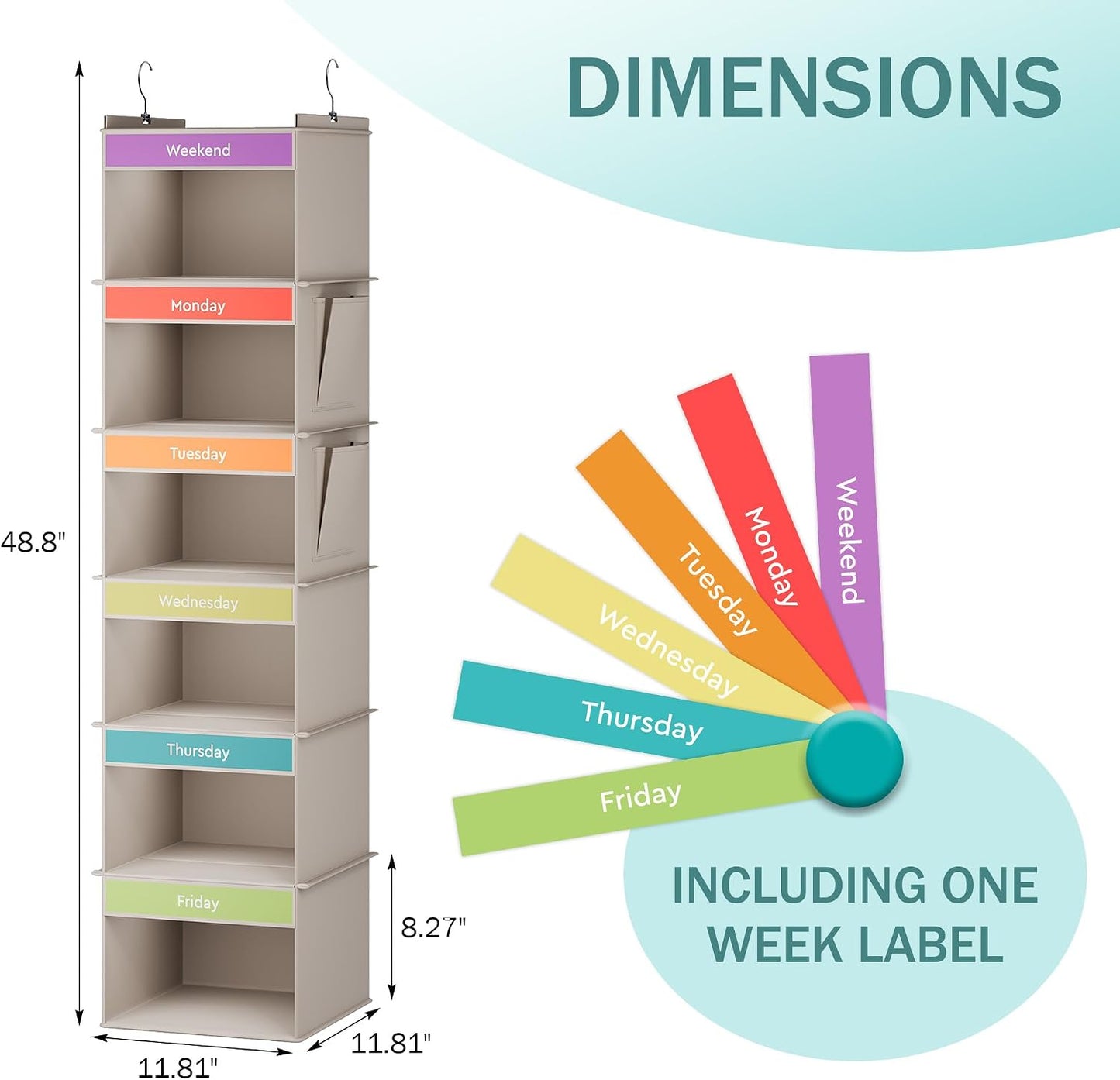 YOUDENOVA 6-Shelf Weekly Hanging Closet Organizer, Weekly Clothes Organizers for Kids with 2 Side Pockets, Pink