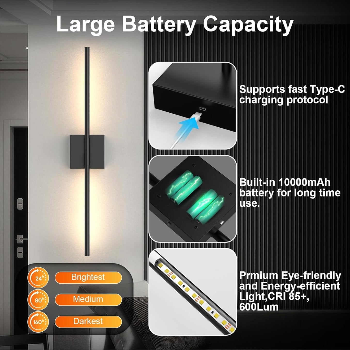 Tartek Battery Operated Wall Sconces Set of Two, Rechargeable Wall Lights with Remote Control, Dimmable 3000K-6000K LED Wall Lamp, 360°Rotate, Long Wireless Sconces for Living Room, Bedroom