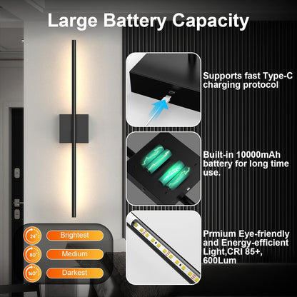 Tartek Battery Operated Wall Sconces Set of Two, Rechargeable Wall Lights with Remote Control, Dimmable 3000K-6000K LED Wall Lamp, 360°Rotate, Long Wireless Sconces for Living Room, Bedroom