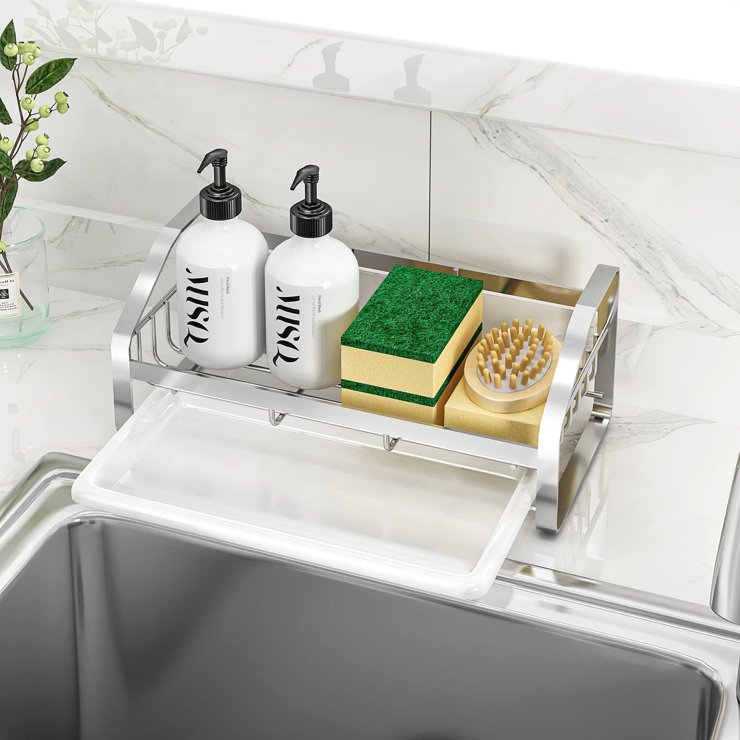 BSKSSK Sink Caddy,Sponge Holder for Kitchen Sink, Kitchen Bathroom Sink Organizer,304 Stainless Steel Kitchen Countertop Organizer Soap Tray with Removable Drain Tray Length Version - Silver