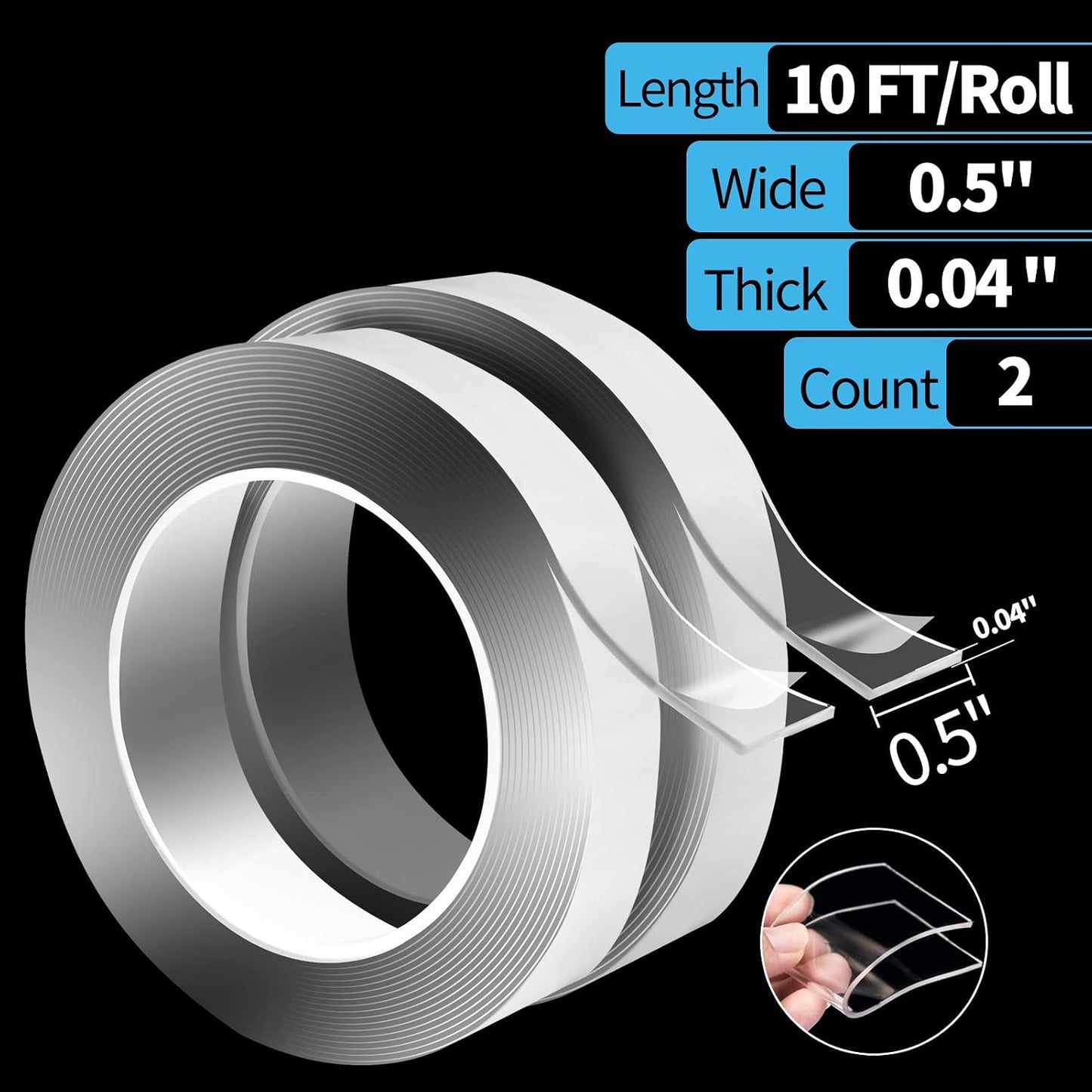 Art3d Double-Sided Tape (4-Roll of 10FT), Removable, Traceless, Washable, Reusable - Multipurpose Tape as Seen on TV (1/24" x 1/2" x 10', 4)