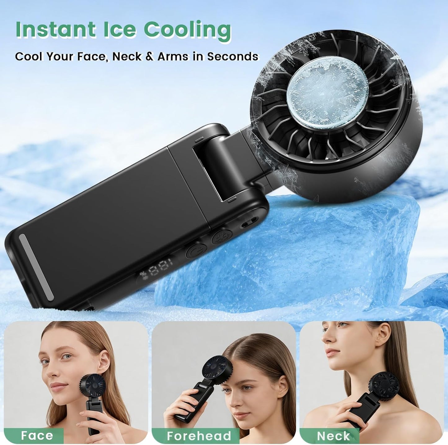 4-IN-1 Clip-On Portable Fan Rechargeable Handheld Mini Fan with lce Cooler,5 Gear High Speed 360° Rotatable Small Fans, for Outdoor, Travel, Beach, and Office (Green)