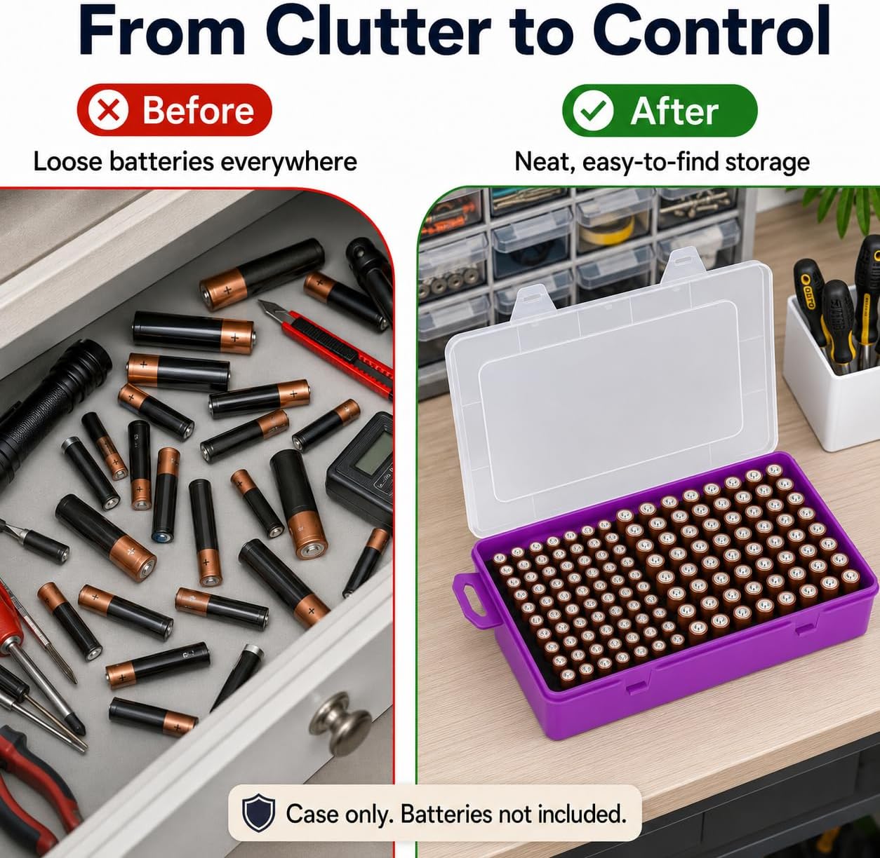 Xuerdon Battery Organizer Case with BT168 Tester 120+ Batteries Storage Box | Clear Plastic Battery Box Holds 49AA 51AAA 10CR2032 10CR1632 Batteries, Wall Mount Drawer Organizer Batteries not Included