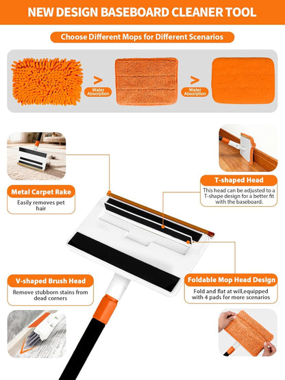 4-in-1 Baseboard Cleaning Tool with Extendable Handle 5 Reusable Pads 1 Carpet Rake Stiff Bristle Brush Multi-Surface Baseboard Brush for Cleaning Baseboard Wall Carpet Floor Bathroom Kitchen Pet Hair