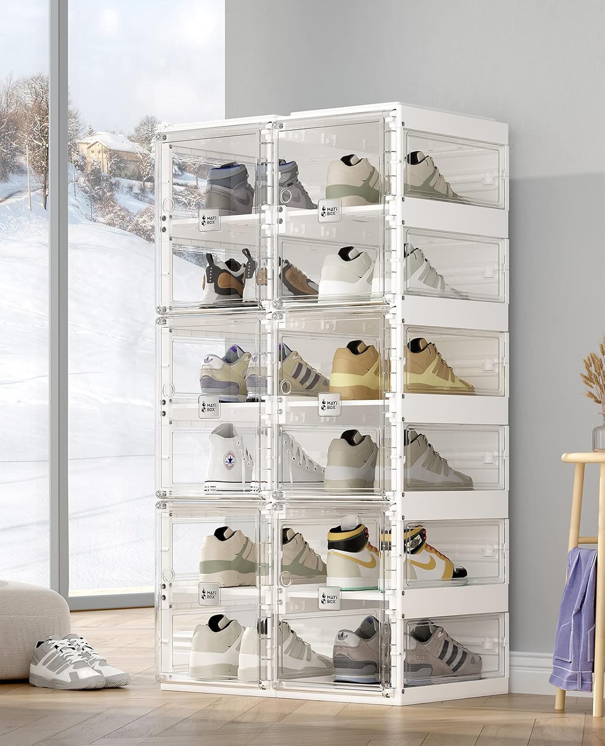 ANTBOX Collapsible Shoe Boxes Clear Plastic Stackable, Quick Setup Drop Front Shoe Organizer, Display Storage Cabinet for Sneakers10 Tiers 20 Pairs