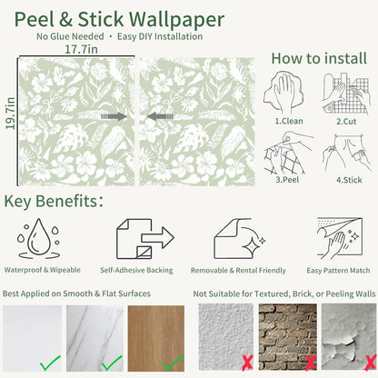 Green Botanical Floral Peel and Stick Wallpaper Self Adhesive Removable Thick Renter Friendly Wallpaper for Bedroom Accent Wall 17.7" x 118"