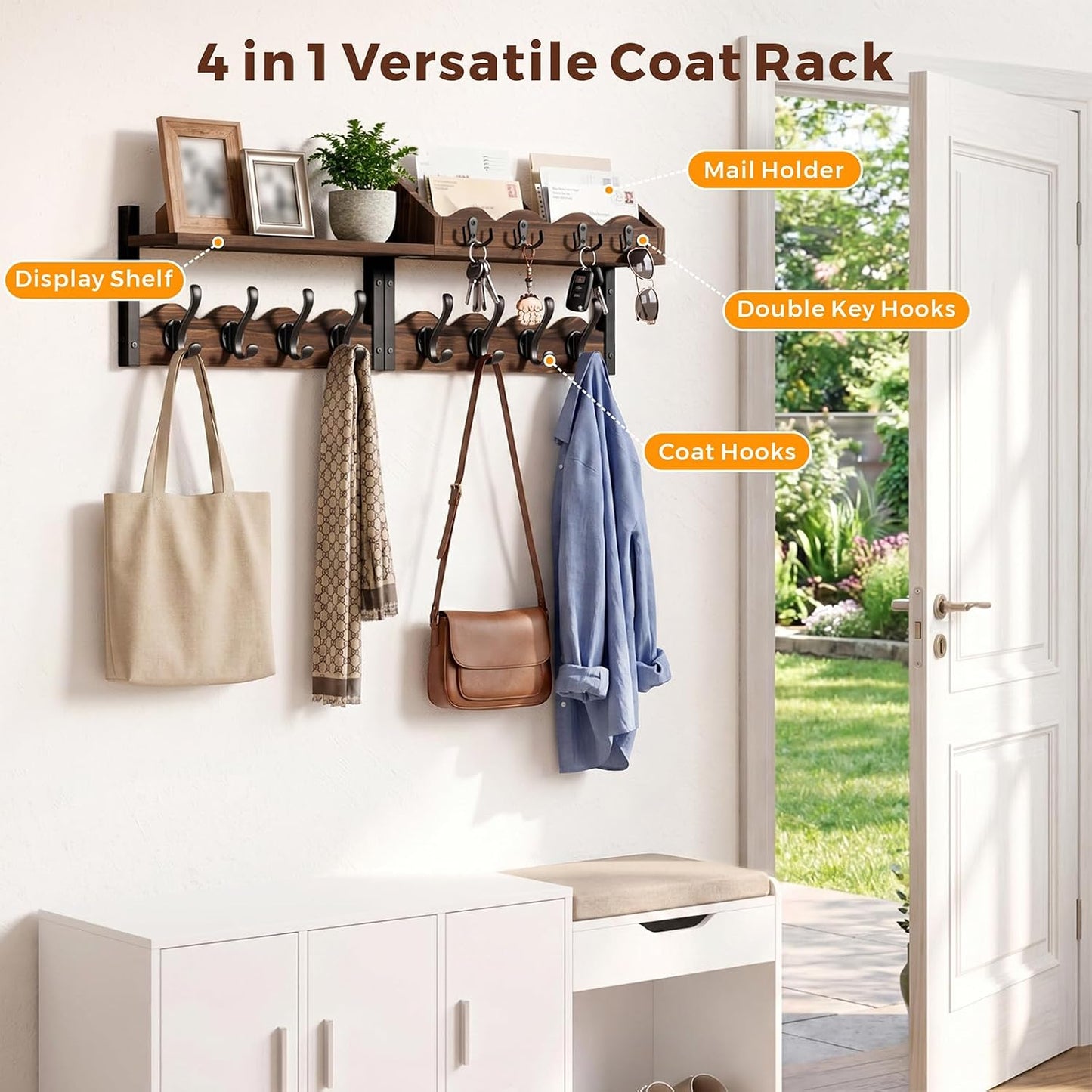 Coat Rack Wall Mount with Shelf, 4 in 1 Wood Entryway Shelf with 12 Hooks | Mail and Key Holder, Wall Mounted Coat Hanger for Bathroom, Living Room, Bedroom, Brown