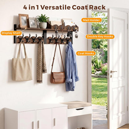 Coat Rack Wall Mount with Shelf, 4 in 1 Wood Entryway Shelf with 12 Hooks | Mail and Key Holder, Wall Mounted Coat Hanger for Bathroom, Living Room, Bedroom, Brown