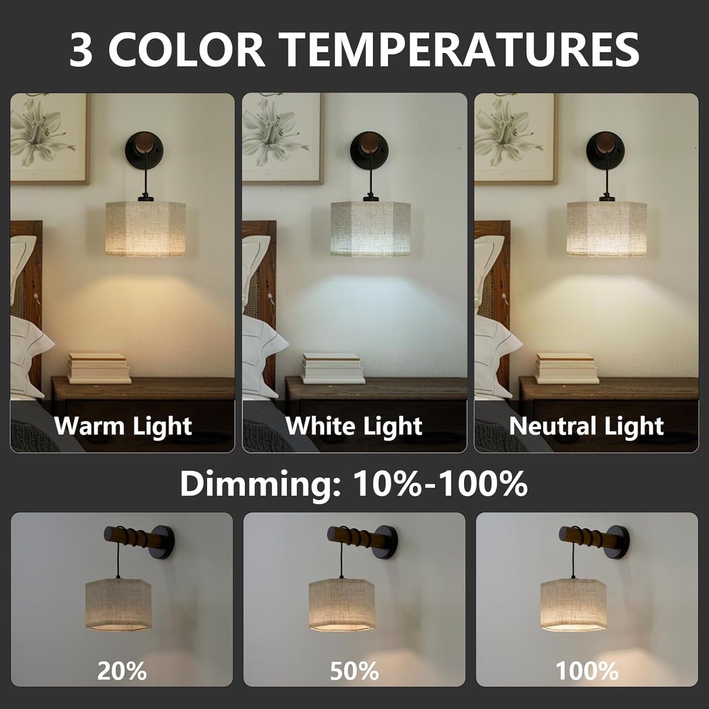XSDeTu Rechargeable Battery Operated Wall Sconces Set of 2, Modern Battery Powered Wall Light with Wooden Arm & Remote Control, Adjustable 3 Colors Dimmable Wall Lamps for Bedroom, Living Room