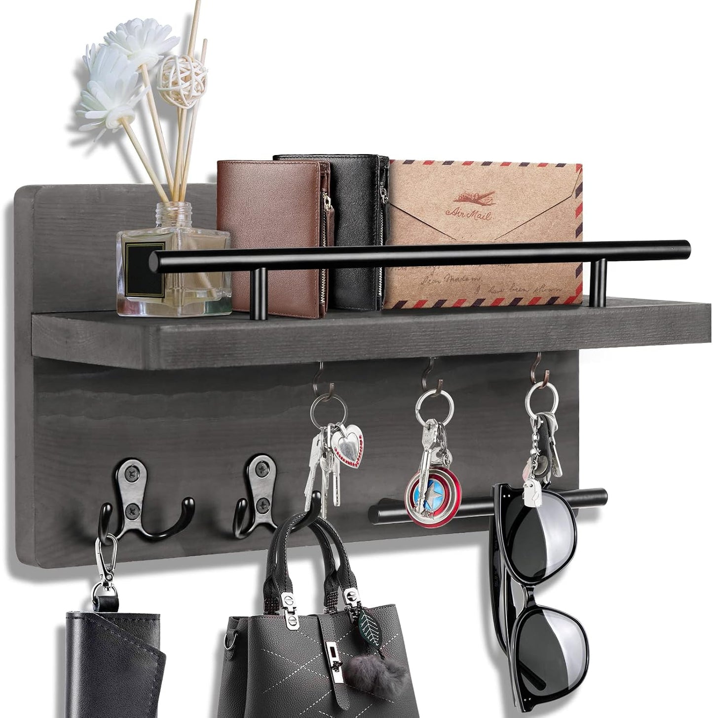 OurWarm Wall Mounted Key Holder/Hangers for Wall Decorative with 5 Key Hooks, Wooden Mail Rack Organizer with Shelf, Rustic Home Decor for Entryway Mudroom Hallway Office, Brown