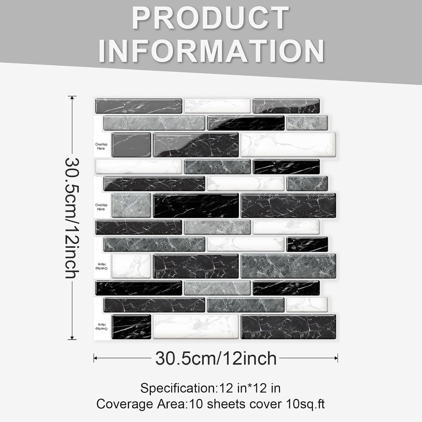 10 Sheets Peel and Stick Backsplash, Peel and Stick Tiles, Marble Look Wall Tiles Backsplash for Kitchen and Bathroom, Livingroom, 12”x12”,Blue&Grey