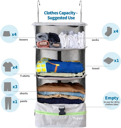 Grand Fusion Stow-N-Go Hanging Travel Shelves, Packing Organizer for Luggage. Carry on Closet for Suitcase. Expandable Packing Cube. Travel Essentials. (Black - L, L = (L) 11.8" x (W) 11.8")