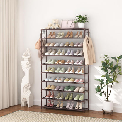 LANTEFUL 10 Tiers Shoe Rack 50 Pairs Large Capacity Tall Shoe Organizer Sturdy Shoe Storage with Two Hooks Space Saving Metal Wide Shoe Rack for Closet, Entryway, Bedroom, Black