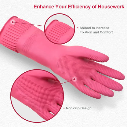 DABOGOSA Mamison 2 Pairs Reusable Waterproof Household Dishwashing Cleaning Rubber Gloves, Non-Slip Kitchen Glove (Pink, Medium (Pack of 2))