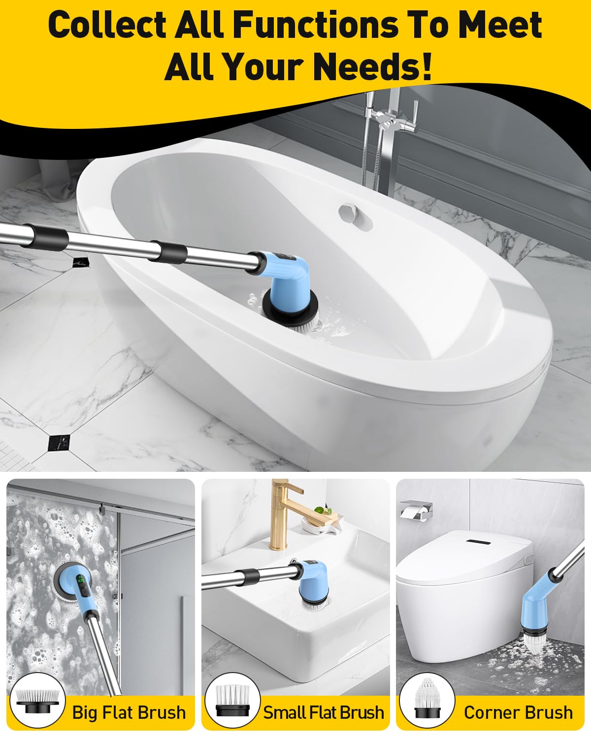 Shower Scrubber with Long Handle, Shower Cleaner Brush with 8 Floor Machine Pads, Cordless Electric Spin Scrubber for Cleaning with 2 Speed, Cleaning Supplies for Bathroom Bathtub Kitchen Floor Tile