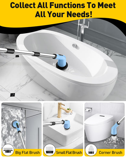 Shower Scrubber with Long Handle, Shower Cleaner Brush with 8 Floor Machine Pads, Cordless Electric Spin Scrubber for Cleaning with 2 Speed, Cleaning Supplies for Bathroom Bathtub Kitchen Floor Tile
