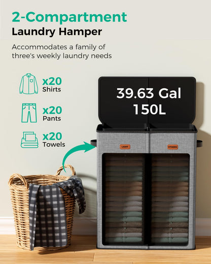 150L 2-Section Laundry Hamper with Lid – Removable Bag, Double Compartment Clothes Hamper for Bathroom, Bedroom, Dorm & Laundry Room