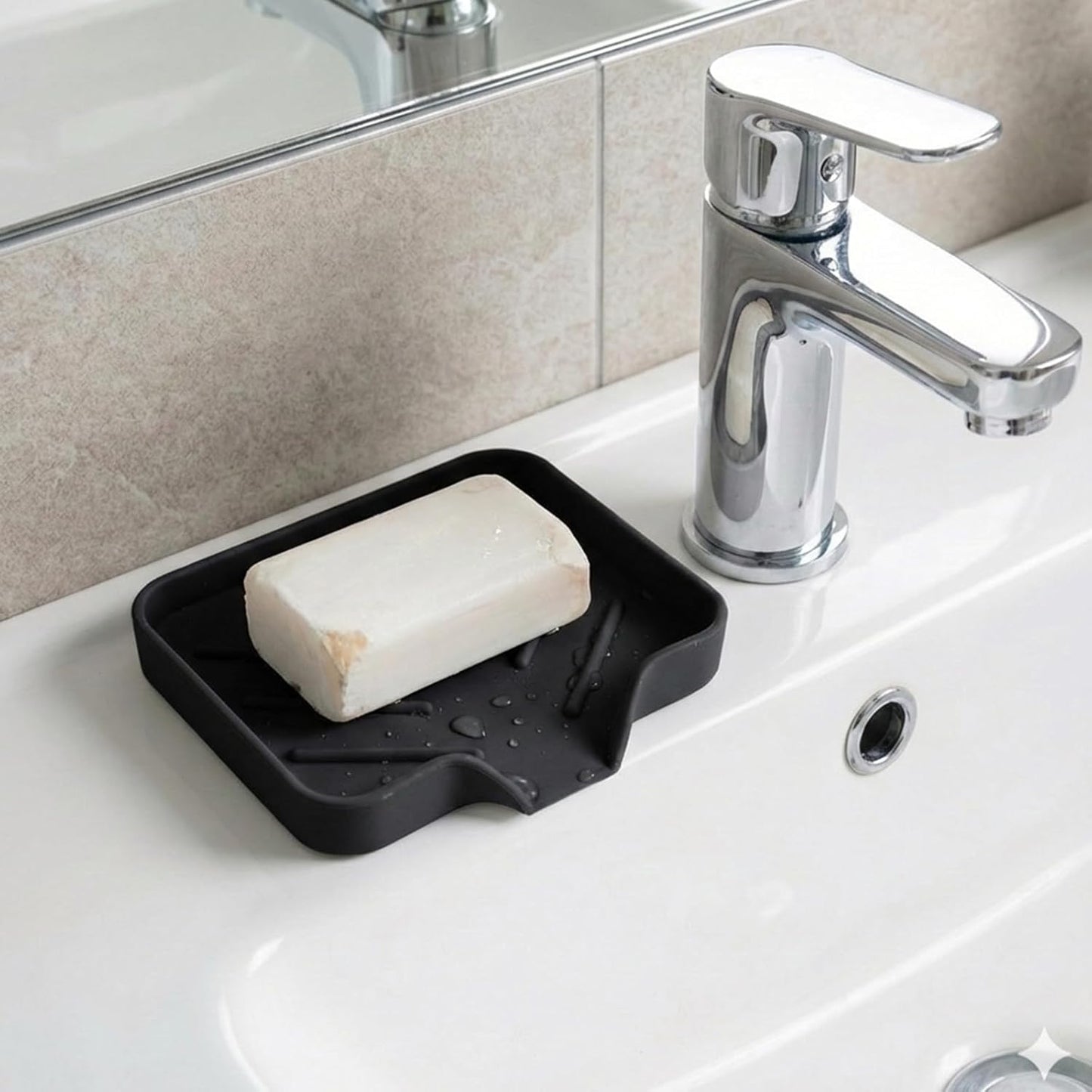 Silicone Bathroom Soap Dishes with Drain Spout Soap Dispenser Tray Sponge Holder Self Draining Kitchen Sink Counter Organizer Caddy for Dispenser Scrubber Bottle Cup(Black)