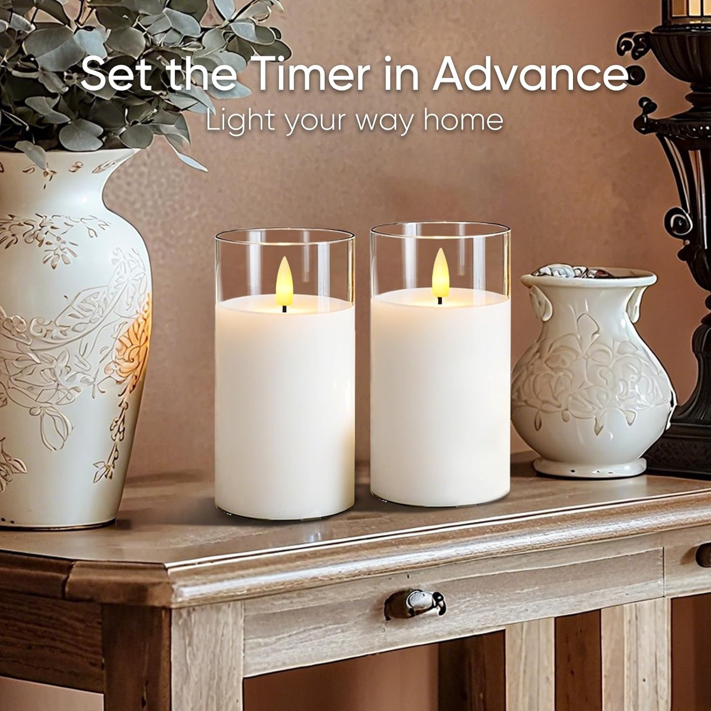 5plots Glass Battery Operated White Flameless Candles with Remote Timer, 3D Wick Real Wax Pillar Led Candles Warm Flickering Light for Indoor Home, Halloween, Christmas Decor, Set of 3, D3 x H4 5" 6"