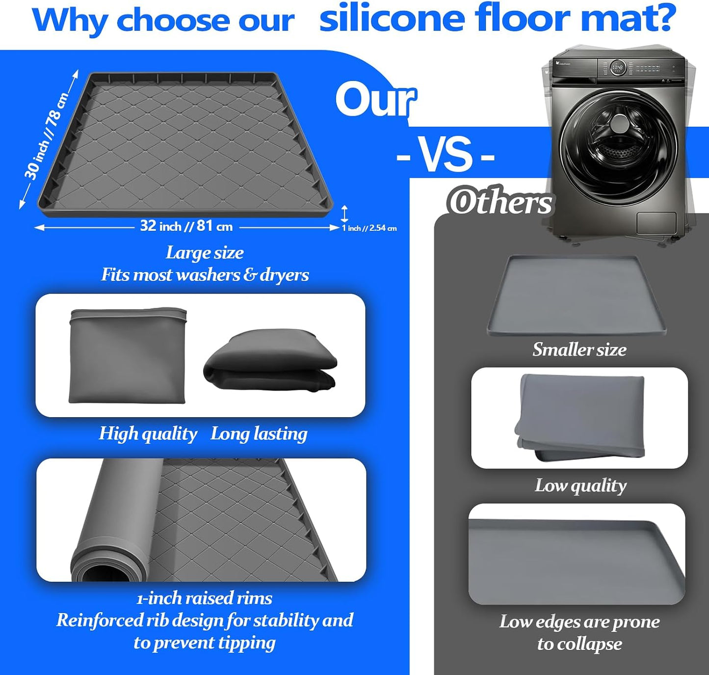Washing Machine Drain Pan Silicone Mat, 32 x 30 Inch Non-Slip Waterproof Washing Machine Drip Tray, 1 Inch Raised Edge Mat for Floor Protection, Washer or Dryer Shock Mat