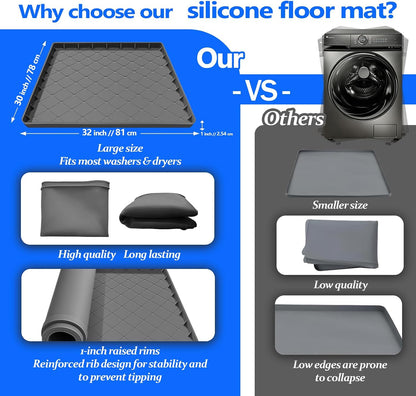 Washing Machine Drain Pan Silicone Mat, 32 x 30 Inch Non-Slip Waterproof Washing Machine Drip Tray, 1 Inch Raised Edge Mat for Floor Protection, Washer or Dryer Shock Mat