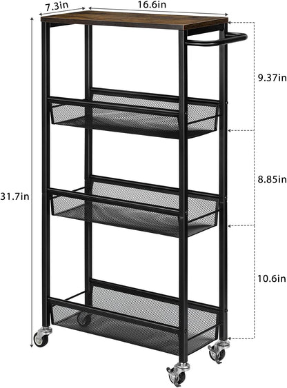 NANANARDOSO 4 Tier Slim Storage Cart, Shelving Unit for Small Space, Rolling Storage Cart with Wooden Top and Metal Handle for Narrow Space on Kitchen, Bathroom, Laundry Room, Black.