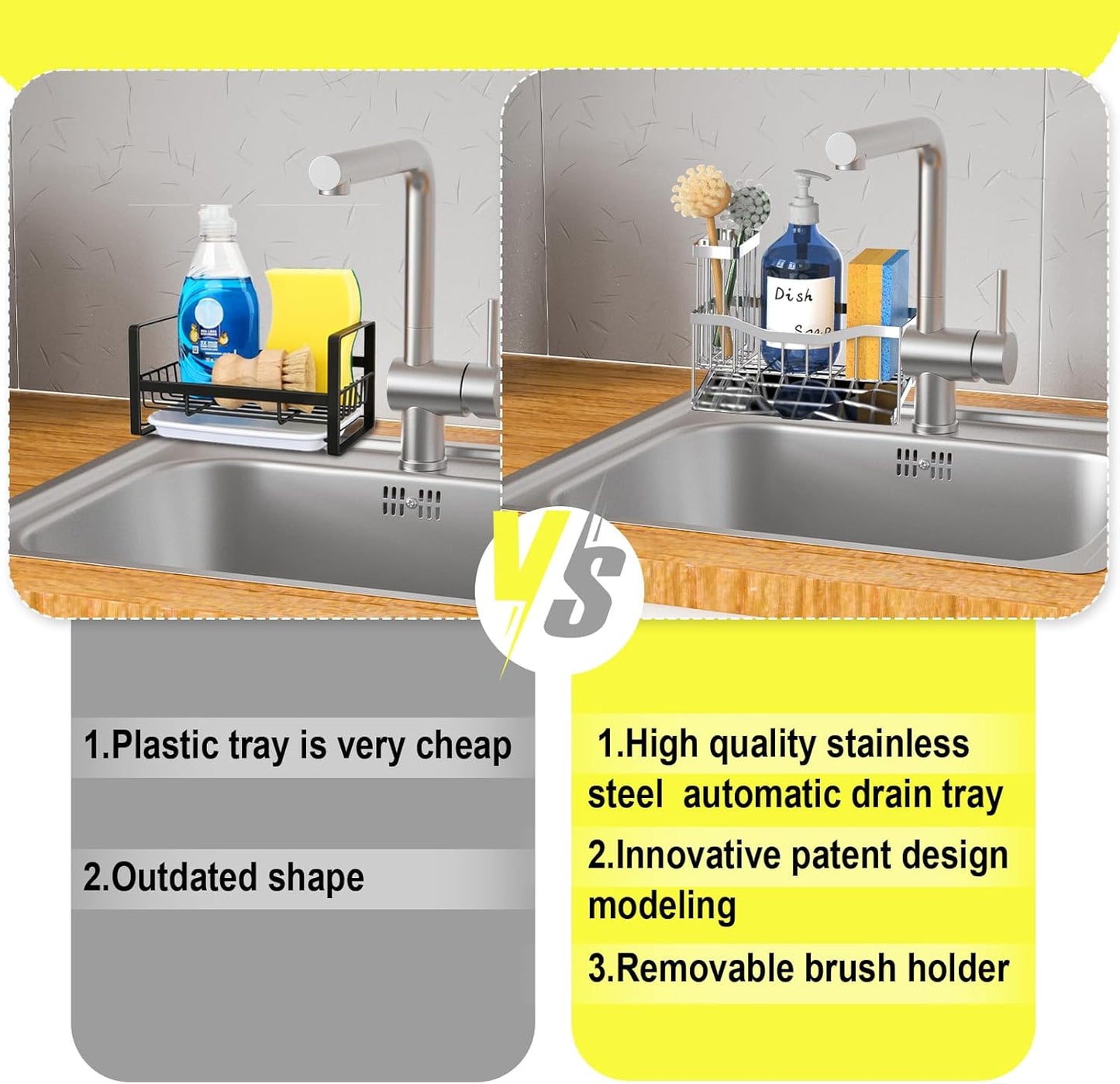 Maifan Sink Caddy Sponge Holder for Kitchen with Brush Holder and Stainless Steel Self Drain Tray, Rustproof Kitchen Sink Organizer for Sponge, Soap Dispenser Storage Accessories (Lacquer Silver)